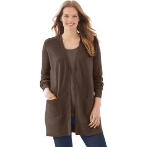 Woman Within Plus Size Perfect Longer-Length Cotton Cardigan Sweater(Chocolate)