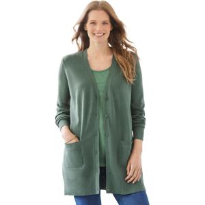 Woman Within Plus Size Perfect Longer-Length Cotton Cardigan Sweater(Pine)