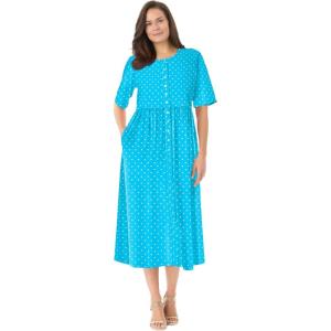 Woman Within Plus Size Short-Sleeve Button-Front Pocket Dress (Petite Available) – S, Blue Polka Dot