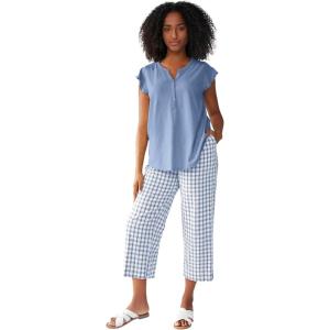 ellos Plus Size Gingham Back Elastic Wide Leg Crop Pants(Pale Indigo White Gingham)