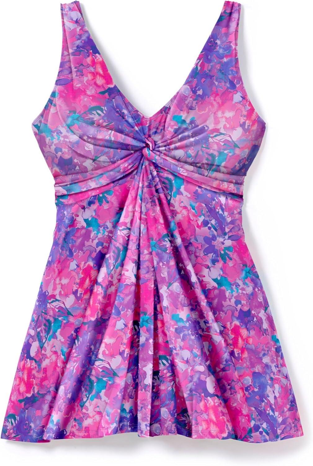 imageSwimsuits For All Swim 365 Womens Plus Size TwistFront VNeck Tummy Control ALine Swim DressBright Fuchsia Watercolor Floral