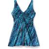 Swimsuits For All Swim 365 Women’s Plus Size Twist-Front V-Neck Tummy Control A-Line Swim Dress(Aqua Abstract)
