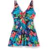 Swimsuits For All Swim 365 Women’s Plus Size Twist-Front V-Neck Tummy Control A-Line Swim Dress(Black Tropical Floral)