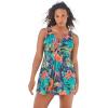 Swimsuits For All Swim 365 Women’s Plus Size Twist-Front V-Neck Tummy Control A-Line Swim Dress(Black Tropical Floral)