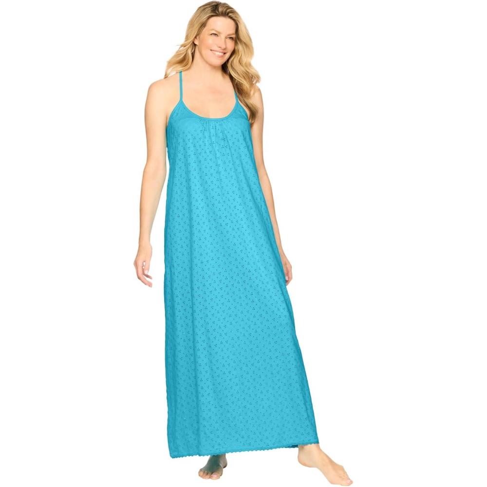 imageDreams amp Co Plus Size Breezy Eyelet Knit Long NightgownCaribbean Blue