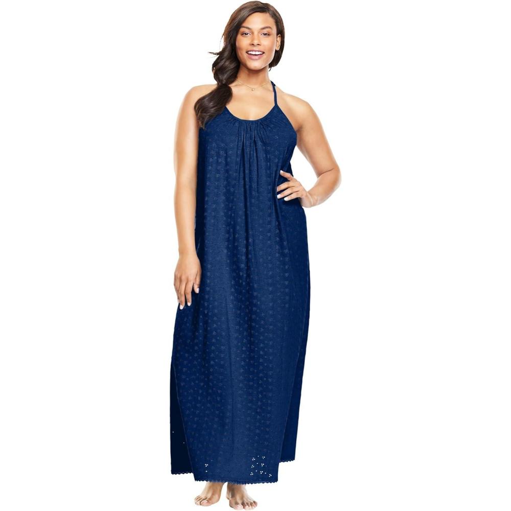 imageDreams amp Co Plus Size Breezy Eyelet Knit Long NightgownEvening Blue