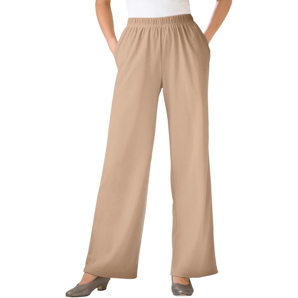 imageWoman Within Plus Size 7Day WideLeg ElasticWaist Stretchy Knit PantNew Khaki