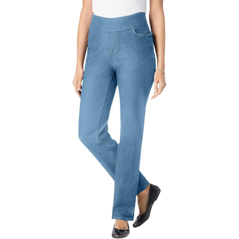 imageWoman Within Plus Size Flex PullOn StraightLeg GapFree Stretch Denim JeansLight Stonewash