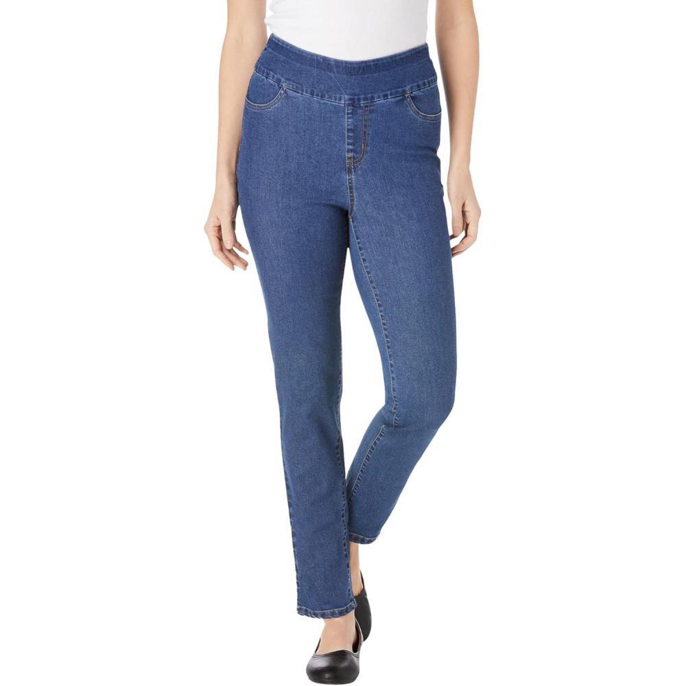 imageWoman Within Plus Size Flex PullOn StraightLeg GapFree Stretch Denim JeansMedium Stonewash