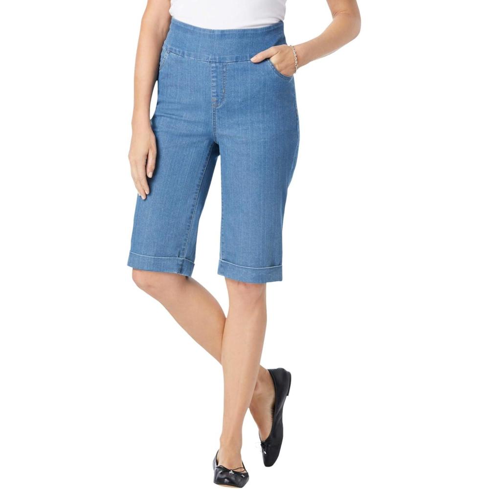 imageWoman Within Plus Size PullOn Flex ElasticWaist Stretch Denim Jeans ShortsLight Stonewash