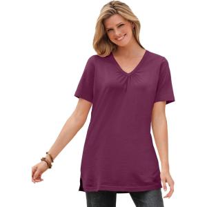 Woman Within Plus Size Perfect Short-Sleeve Shirred V-Neck Tunic(Deep Claret)
