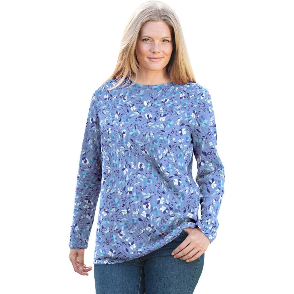imageWoman Within LongSleeve Crewneck Soft Waffle Knit Thermal ShirtFrench Blue Dancing Floral