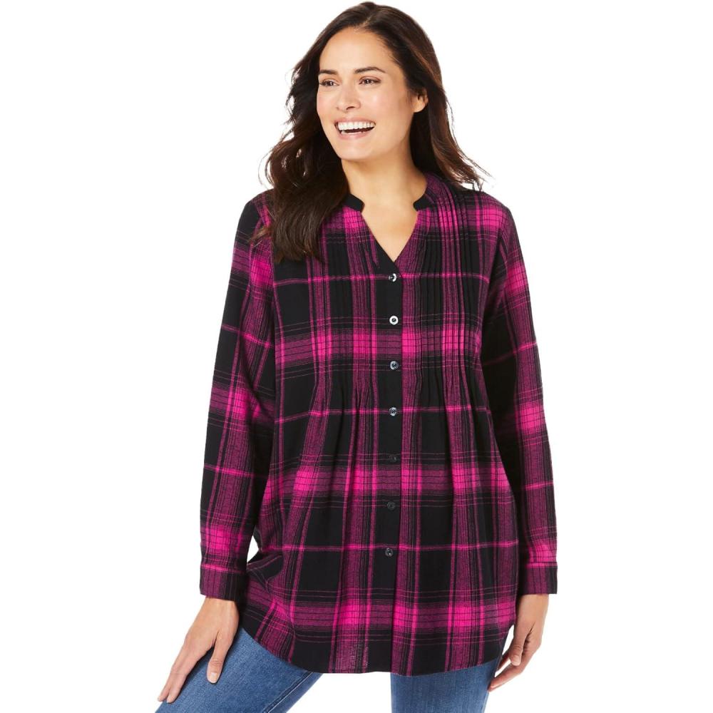 imageWoman Within Pintucked Flannel ShirtPink Black Plaid