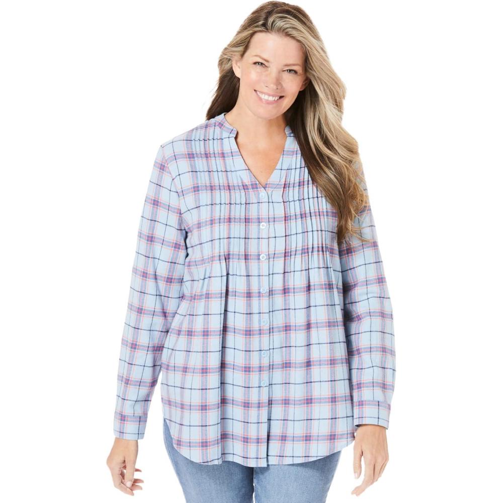 imageWoman Within Pintucked Flannel ShirtSky Blue Plaid