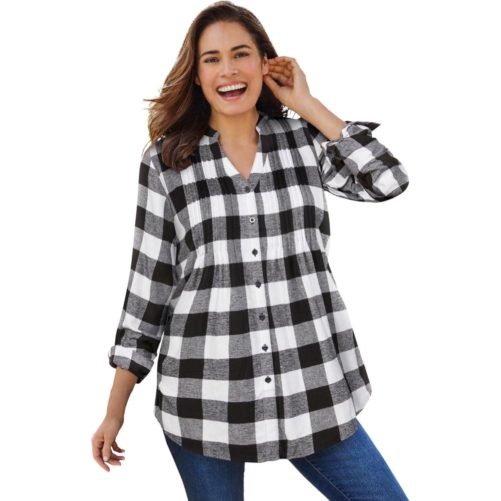imageWoman Within Pintucked Flannel ShirtWhite Buffalo Plaid
