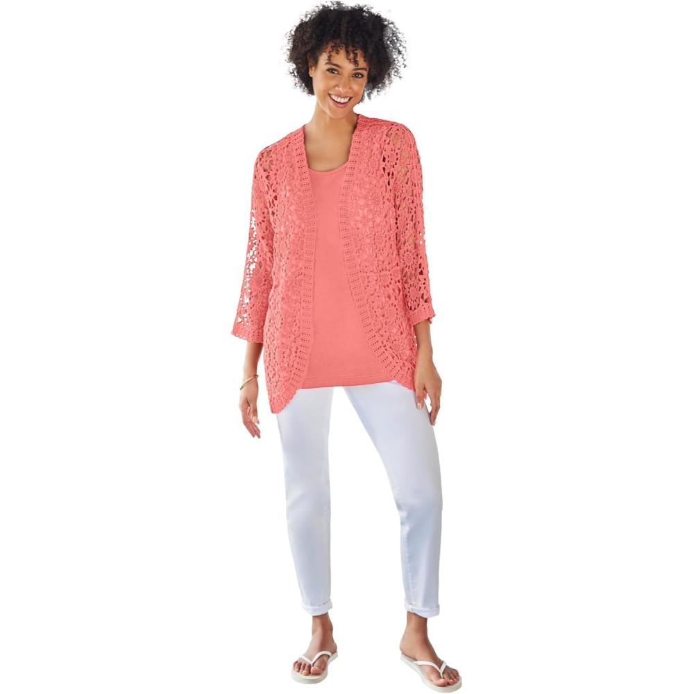 imageWoman Within Plus Size Crochet CurvedHem Cardigan SweaterSweet Coral