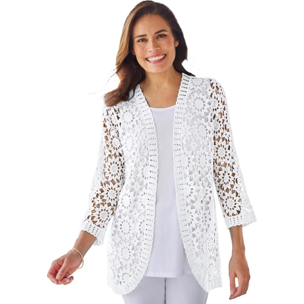 imageWoman Within Plus Size Crochet CurvedHem Cardigan SweaterWhite
