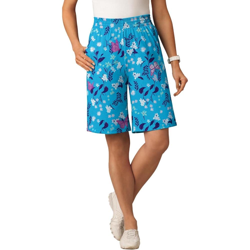 imageWoman Within Plus Size ElasticWaist Knit ShortPretty Turquoise Butterflies