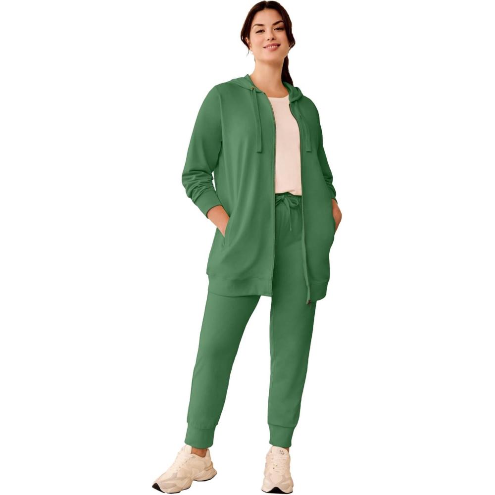 imageellos Womens Plus Size Long Zip Front Hoodie French Terry Long Oversized Lightweight JacketForest Jade