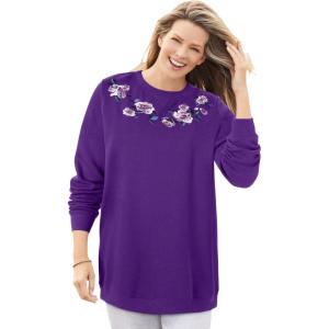 Woman Within Crewneck Fleece Sweatshirt(Radiant Purple Floral Embroidery)