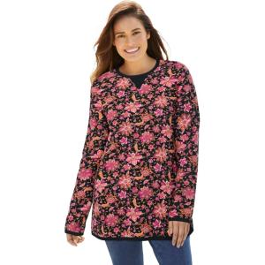 Woman Within Long-Sleeve Crewneck Soft Waffle Knit Thermal Shirt(Black Pink Bloom)