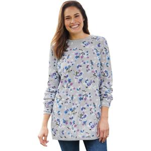 Woman Within Long-Sleeve Crewneck Soft Waffle Knit Thermal Shirt(Heather Grey Multi Delicate Floral)