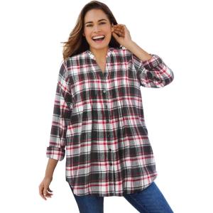 Woman Within Pintucked Flannel Shirt(Black Red Plaid)