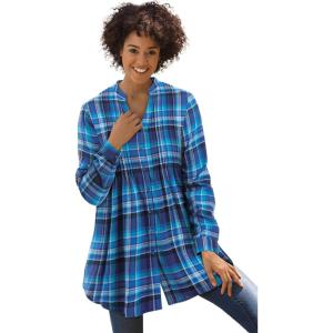 Woman Within Pintucked Flannel Shirt(Bright Cobalt Plaid)