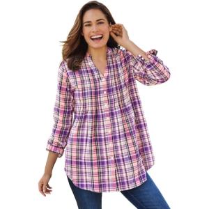 Woman Within Pintucked Flannel Shirt(Sweet Plum Plaid)
