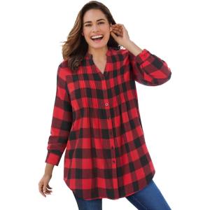 Woman Within Pintucked Flannel Shirt(Vivid Red Buffalo Plaid)