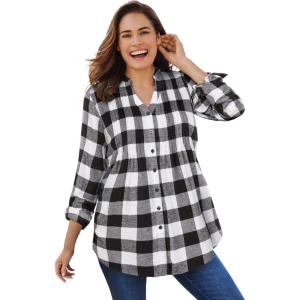 Woman Within Pintucked Flannel Shirt(White Buffalo Plaid)