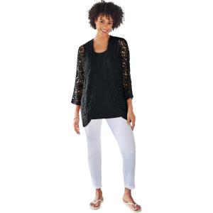 Woman Within Plus Size Crochet Curved-Hem Cardigan Sweater(Black)