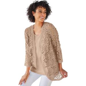 Woman Within Plus Size Crochet Curved-Hem Cardigan Sweater(New Khaki)