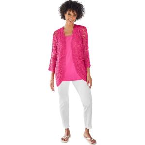 Woman Within Plus Size Crochet Curved-Hem Cardigan Sweater(Raspberry Sorbet)